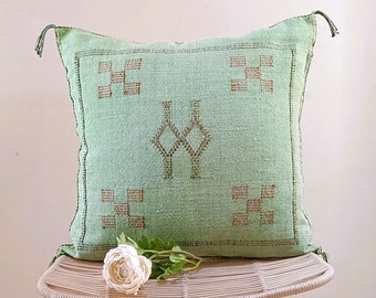 Cojín verde Cactus cojín de seda cala marrón bordado marroquí cojín lumbar hecho a mano almohada decorativa Sabra seda