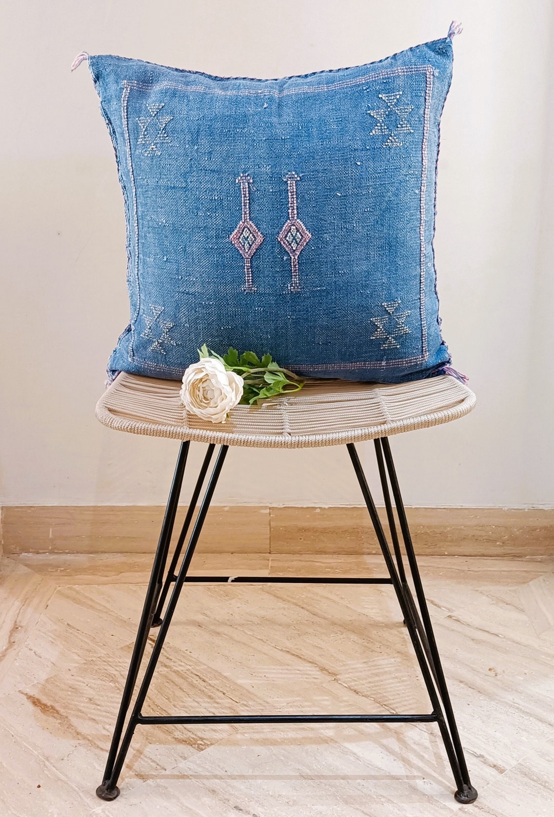 Cushion Blue Cactus Silk Cushion Cover Blue White Pink Embroidery