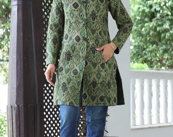 Olive Green Coloured Long Length Handmade Ladies Reversible Fashion Cotton Quilted Jackets for All Outfits, Occasions and Seasons.