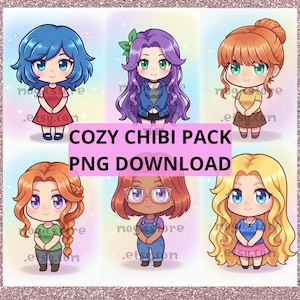 Könnte beinhalten: Ein digitaler Download mit sechs Charakteren im Chibi-Stil mit großen Augen und bunten Haaren. Die Charaktere tragen verschiedene Outfits. Der Text "COZY CHIBI PACK PNG DOWNLOAD" wird in der Mitte des Bildes angezeigt.