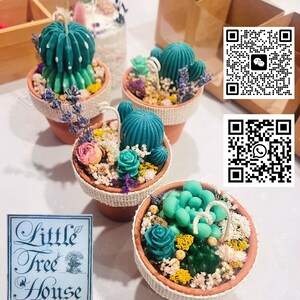 May include: Four small potted succulent plants with green and blue wax succulents, dried flowers, and a burlap ribbon around the top of the pot. The pots are brown and have a rustic look. The text "Little Tree House" is on a blue sign in the bottom left corner of the image.