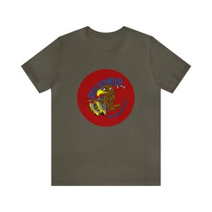 May include: A dark green t-shirt with a red circle graphic featuring a cartoon eagle wearing yellow boots and the text "Bugstomper - The Friendly Giant".