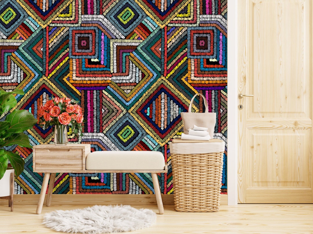 Tribal Wallpaper Peel and Stick Fabric, Modern Motifs Wallpaper, Boho
