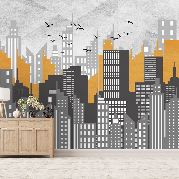 City Skyline Buildings Wallpaper, Peel and Stick Fabric Wall Mural, Tall Buildings Vintage Wallpaper, Removable Repositionable Wall Mural