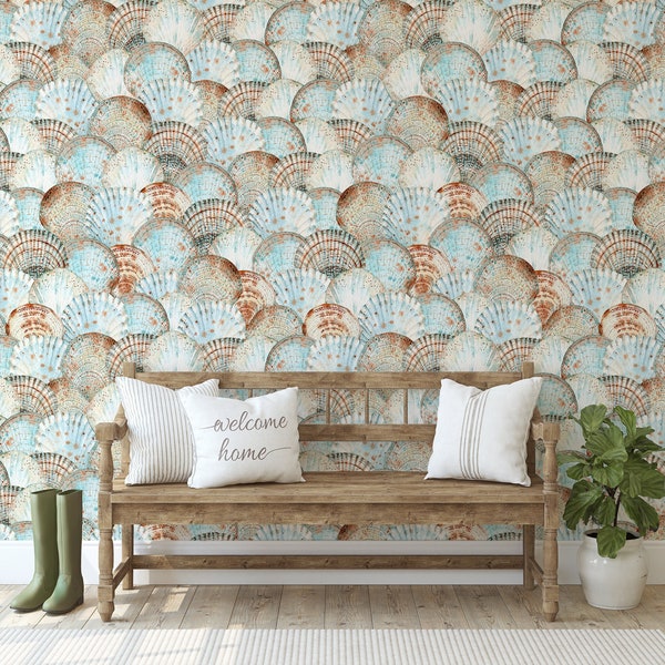 Sea Shells Wallpaper Peel and Stick Fabric, Self Adhesive  Removable Wallpaper with seashell Pattern