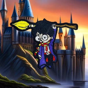 May include: Embroidered patch depicting a cartoon character with glasses, a red and gold scarf, and a blue robe, riding a broom. The background shows a castle and a sunset.