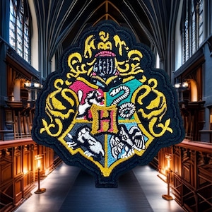 Peut inclure: Écusson brodé avec un blason noir et des détails dorés. Le blason est divisé en quatre sections avec un "H" central. L'écusson est placé sur un fond de long couloir voûté.