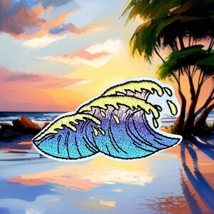 May include: Embroidered patch featuring a stylized wave design in shades of blue, purple, and yellow. The patch is set against a backdrop of a sunset over a beach with palm trees, creating a tropical theme.