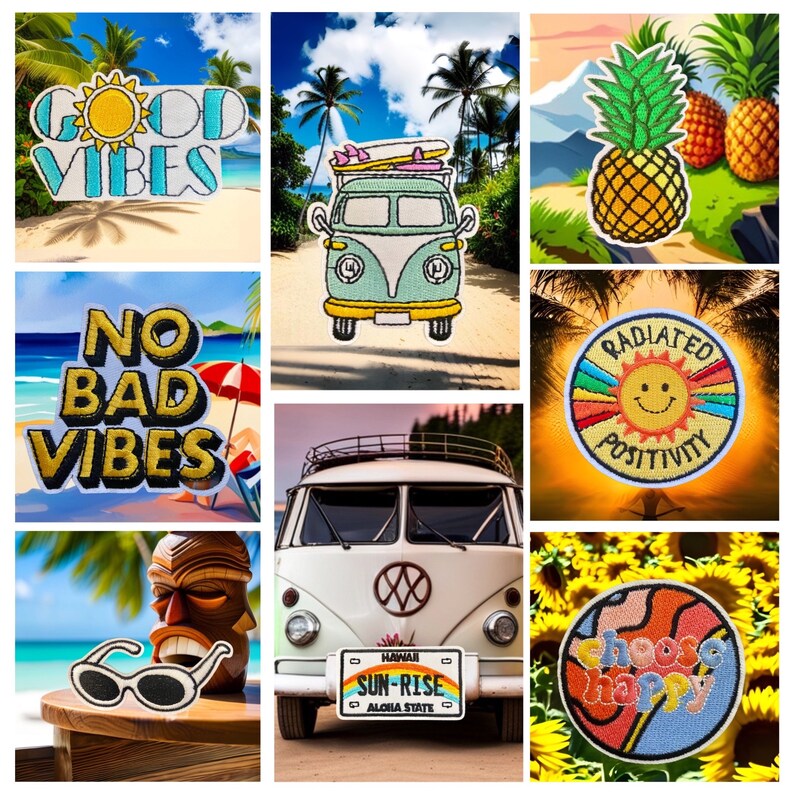 May include: A collection of nine embroidered patches with various designs and phrases, including "Good Vibes", "No Bad Vibes", "Radiated Positivity", "Choose Happy", and "Sun-Rise". The patches are colorful and feature a variety of themes, including sunshine, pineapples, and a vintage Volkswagen van.