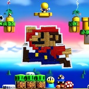 May include: A pixelated Mario patch in a vibrant video game scene. The patch features Mario's iconic red hat, blue overalls, and brown hair. The background includes floating platforms, green hills, and a blue sky with clouds.