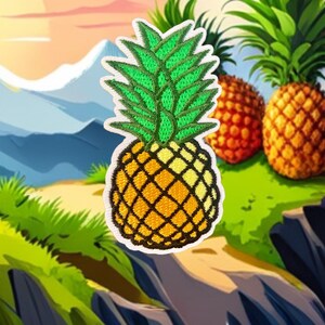 May include: A yellow and green embroidered pineapple patch with a white background. The pineapple is surrounded by a green leafy crown.