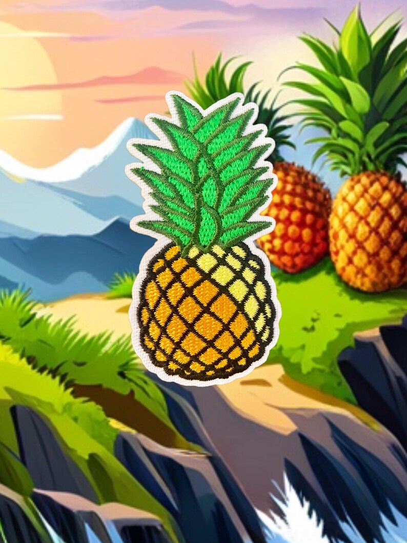 May include: A yellow and green embroidered pineapple patch with a white background. The pineapple is surrounded by a green leafy crown.