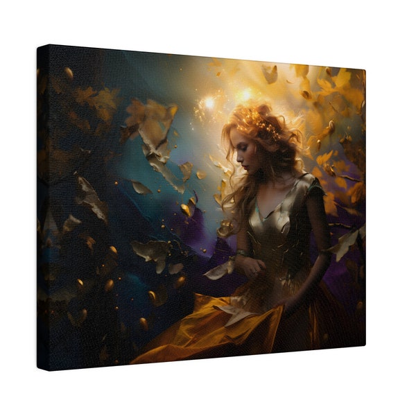 Golden Fairy Goddess Canvas worrier woman wall hanging wallart ai art gift for artlover lovely fantasy dreamy vibe blond beauty divine light