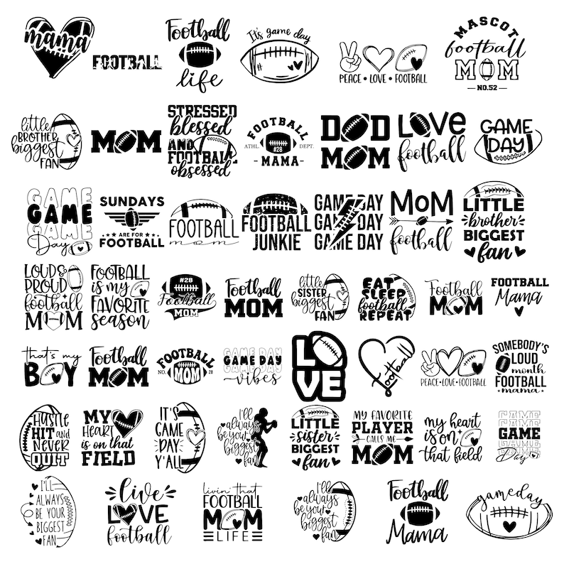 May include: A collection of black and white graphic designs featuring football-themed text and images. The designs include phrases like "Football Mom", "Game Day", "Live Love Football", and "Football Mama".