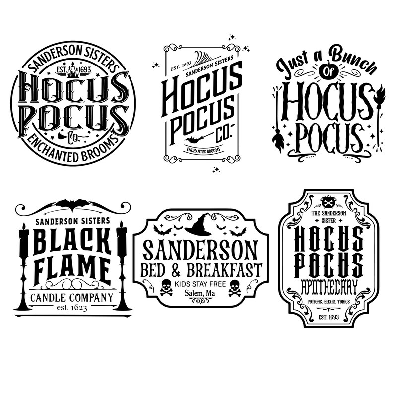 May include: Six black and white illustrations of vintage-style logos for a fictional business called Sanderson Sisters. The logos feature the text "Hocus Pocus" and "Black Flame Candle Company" with various details like brooms, skulls, and bats.