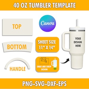 May include: A template for a 40 ounce tumbler design. The template includes a top, bottom, handle, and a space for a design. The template is 11 inches by 14 inches. The text "YOU DESIGN HERE" is on the tumbler.
