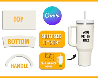May include: A template for a 40 ounce tumbler design. The template includes a top, bottom, handle, and a space for a design. The template is 11 inches by 14 inches. The text "YOU DESIGN HERE" is on the tumbler.