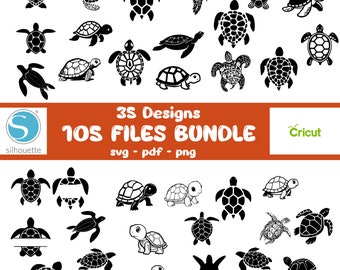 Può includere: Un set di 35 disegni di silhouette di tartarughe in bianco e nero. I disegni sono in varie pose e dimensioni. Il testo "35 Designs 105 Files Bundle svg - pdf - png" è nella parte superiore dell'immagine. Il logo Cricut è nell'angolo in alto a destra.