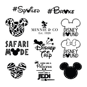 May include: Black and white graphic designs featuring Mickey Mouse ears with various text overlays. The text includes "#Spoiled", "#Bruke", "Safari Mode", "Disney Trip", "Look Like a Princess Fight Like a Jedi", "Minnie & Co Est. 1928", and "Disney Bound".