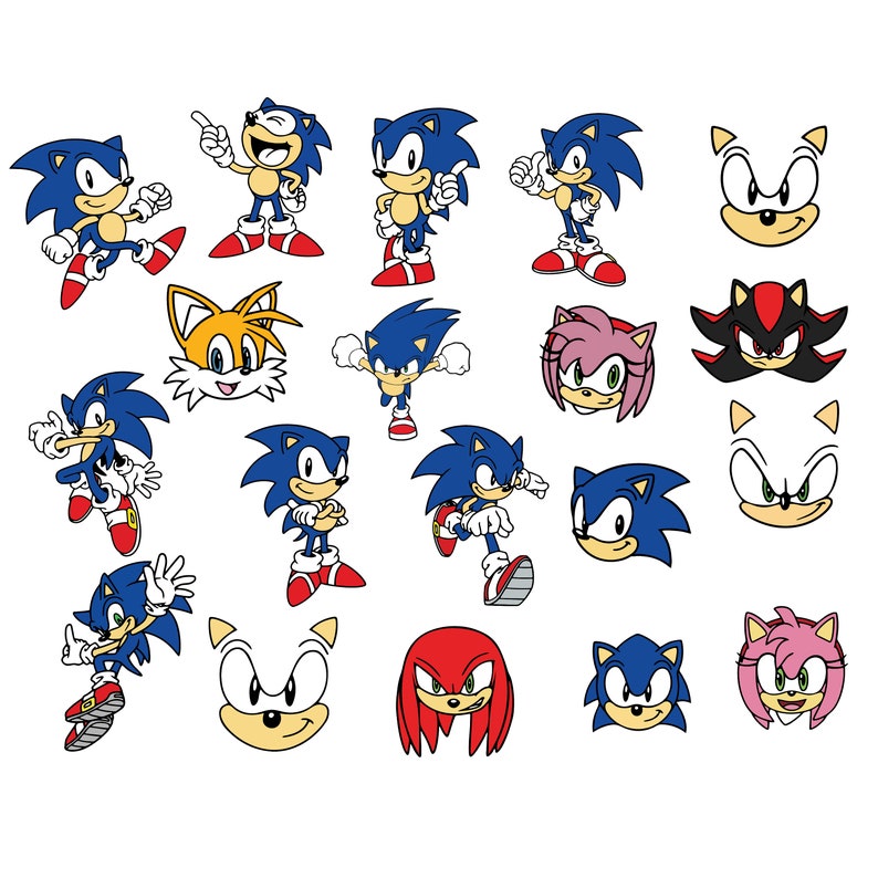 May include: A collection of cartoon characters from the Sonic the Hedgehog video game series. The characters are in various poses and expressions, including Sonic, Tails, Knuckles, Amy Rose, Shadow, and more.