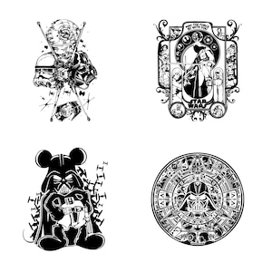 May include: Four black and white illustrations featuring Darth Vader from Star Wars. The first image shows Darth Vader's helmet with a Death Star and X-wing fighter. The second image shows Darth Vader in a vintage Star Wars poster. The third image shows Darth Vader as a Mickey Mouse character. The fourth image shows Darth Vader in a circular design.