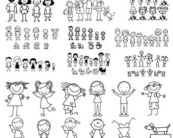 May include: A set of black and white stick figure family clipart images. The images include various family members, pets, and activities. The images are perfect for creating custom family portraits, scrapbooking, or other craft projects.