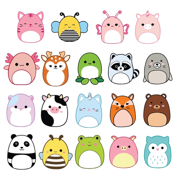 57 animaux squishmallow PNG SVG cliparts cricut designs bundle images sur fond transparent sublimation design pour anniversaire cricut