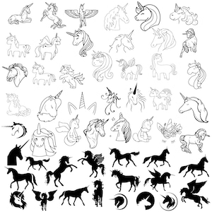 May include: A collection of black and white line drawings of unicorns in various poses. Some unicorns are standing, some are running, some are lying down, and some are in profile. There are also some unicorns with wings and some with flowers.