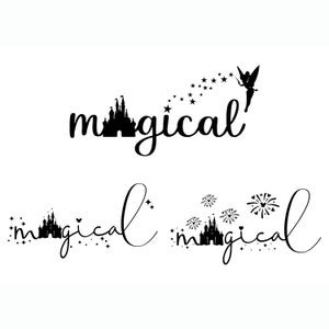 May include: Three black and white illustrations of a castle with the word "magical" written in cursive. The first illustration features a fairy flying above the castle with stars trailing behind her. The second illustration features a castle with stars around it. The third illustration features a castle with fireworks exploding above it.