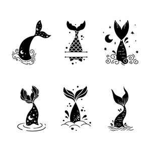 Può includere: Una collezione di sei disegni di code di sirena nere su sfondo bianco. Ogni coda presenta una forma e uno stile unici, con dettagli come squame, stelle ed elementi acquatici. Adatto a vari progetti creativi.