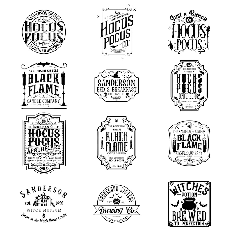 May include: A collection of nine black and white vintage-style logos featuring the text "Hocus Pocus" and "Black Flame" with various details like witches' hats, brooms, and candles. The logos are set against a white background.