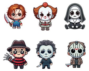 May include: A set of six cartoon horror character illustrations. The characters are Freddy Krueger, Jason Voorhees, Pennywise the Dancing Clown, Chucky, Michael Myers, and a nun. The characters are all in a chibi style and are wearing their iconic costumes.