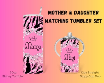 Mother's Day Mother & Daughter Matching Tumblers - 1 - 12oz Sippy Cup/Tumbler with Handles, Regular Tumbler Lid and 1 - 20oz Skinny Tumbler