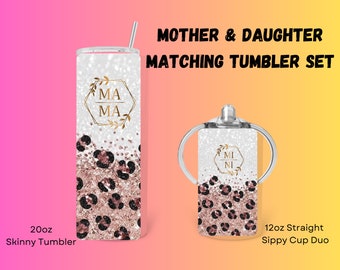 Mother's Day Mother & Daughter Matching Tumblers - 1 - 12oz Sippy Cup/Tumbler with Handles, Regular Tumbler Lid and 1 - 20oz Skinny Tumbler