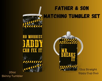 Father's Day Daddy & Son Matching Tumblers - 1 - 12oz Sippy Cup/Tumbler with Handles, Regular Tumbler Lid and 1 - 20oz Skinny Tumbler