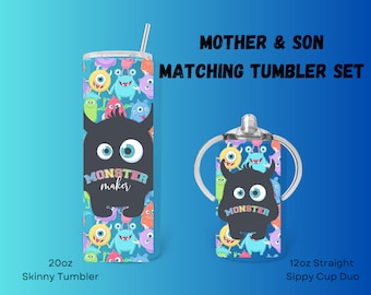 Mother's Day Mother & Son Matching Tumblers - 1 - 12oz Sippy Cup/Tumbler with Handles, Regular Tumbler Lid and 1 - 20oz Skinny Tumbler