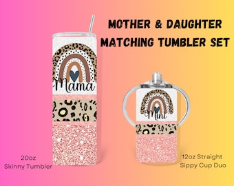Mother's Day Mother & Daughter Matching Tumblers - 1 - 12oz Sippy Cup/Tumbler with Handles, Regular Tumbler Lid and 1 - 20oz Skinny Tumbler