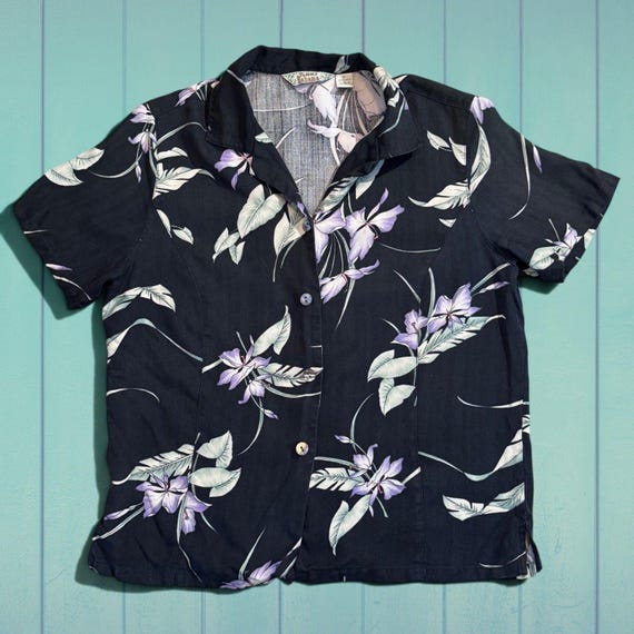 Tommy Bahama, Vintage Tommy Bahama Silk Floral Top, Purple Orchid Black Hawaiian Camp Shirt Women Size S, 90s Resortwear Tropical Aloha Short Sleeve Blous