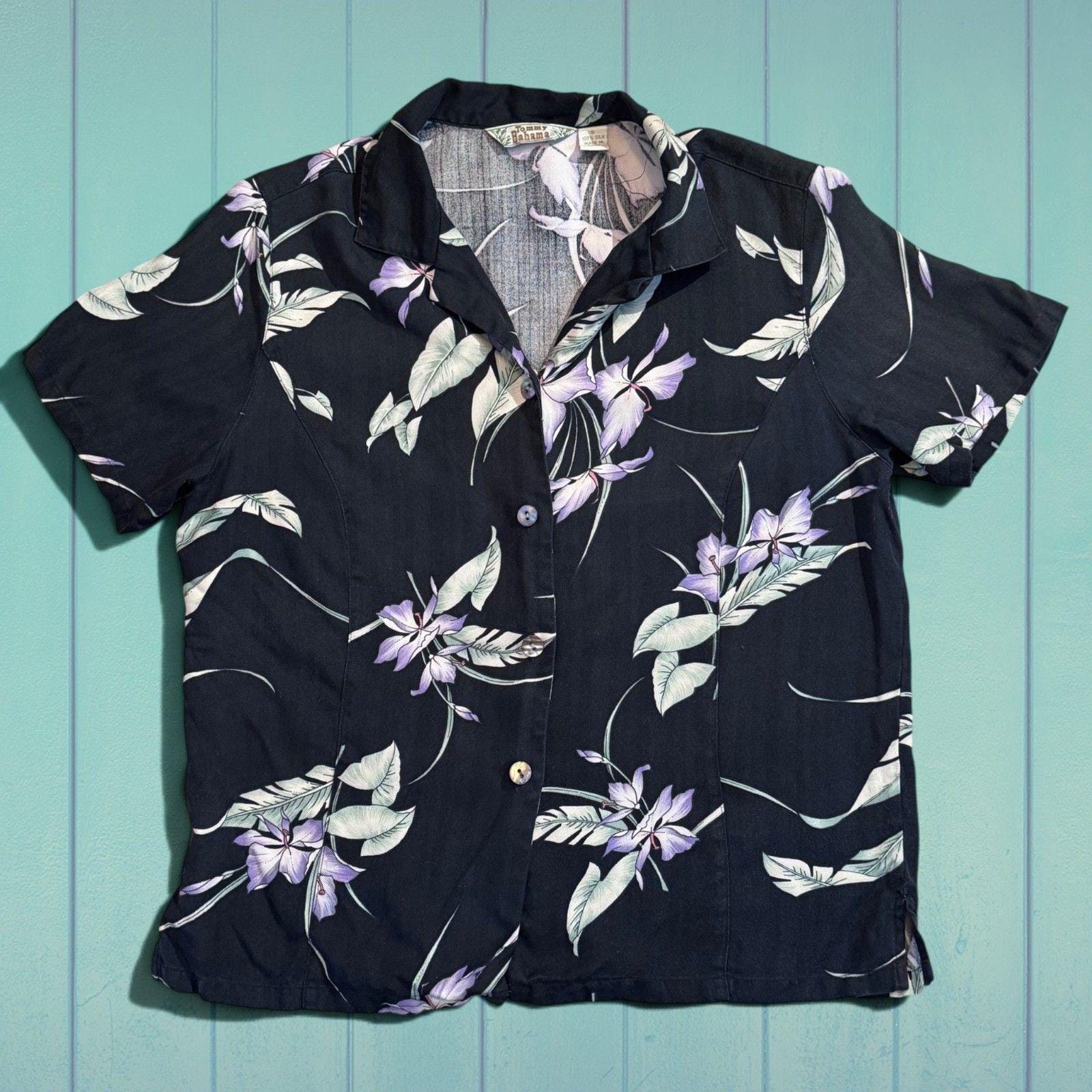 Tommy Bahama, Vintage Tommy Bahama Silk Floral Top, Purple Orchid Black Hawaiian Camp Shirt Women Size S, 90s Resortwear Tropical Aloha Short Sleeve Blous