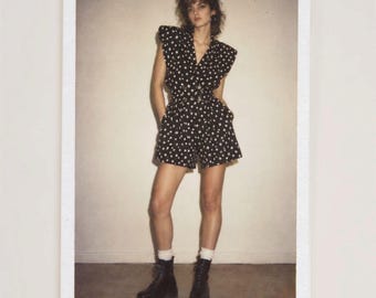 Vtg Breakin Loose Romper Jumpsuit 80s  Polka Dot Black Culotte Pleated Shorts SM