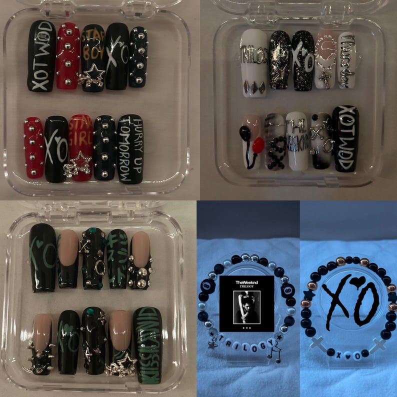 May include: A collection of artificial nails in clear plastic cases, featuring various designs. Some nails are black, red, and white with text and star accents. Other nails are adorned with silver embellishments and the letters "XO". Also shown are beaded bracelets with the "XO" logo.