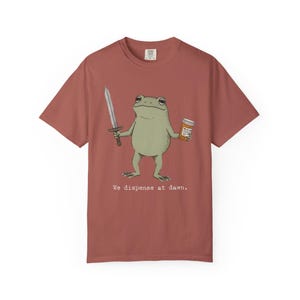 Pharmacy Shirt, Pharmacist Tee, We Dispense at Dawn frog holding sword and pill bottle T-shirt, Cute PharmD Gift Idea image 4