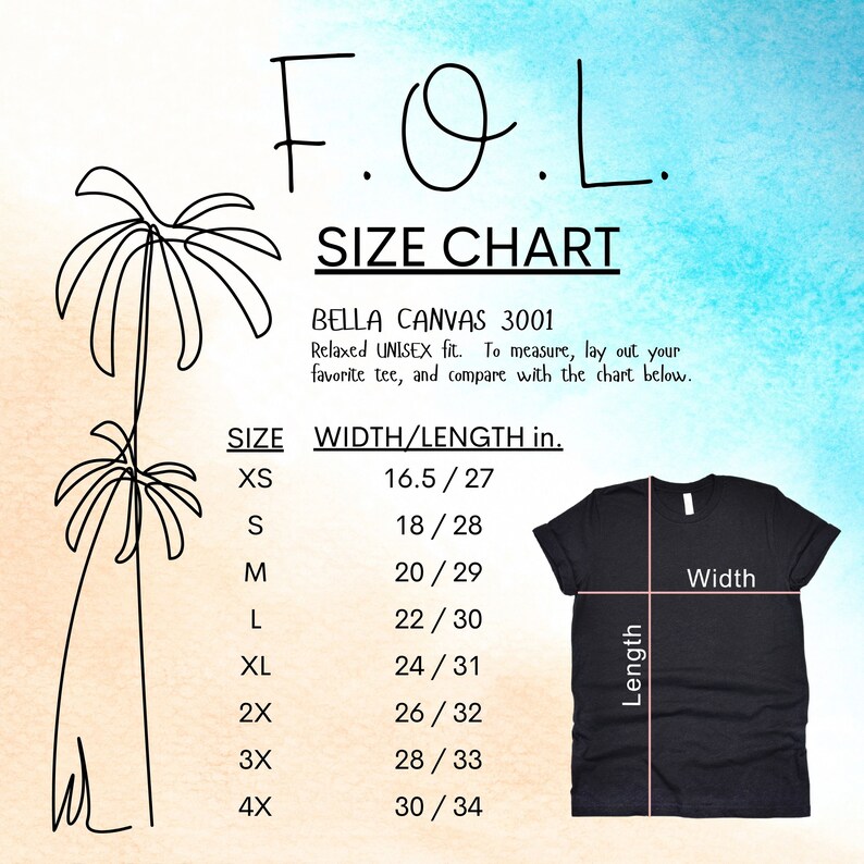May include: Size chart for Bella Canvas 3001 unisex t-shirts. The chart shows the width and length in inches for sizes XS to 4X.