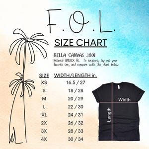 May include: Size chart for Bella Canvas 3001 unisex fit t-shirts. Includes measurements in inches for sizes XS to 4X. The chart shows width and length dimensions, with a black t-shirt illustration for reference. The background has a watercolor effect.