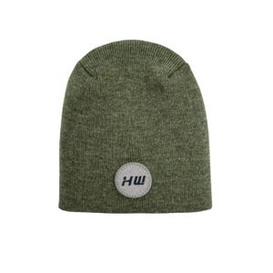 May include: A green beanie with a gray circle patch that says "HW" in black lettering.