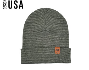 Cuffed Acrylic Beanie - Gray and Green - Made in USA