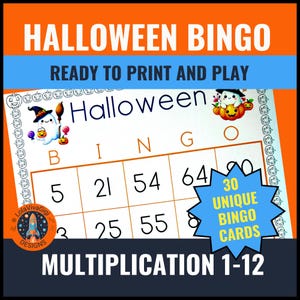 May include: A Halloween Bingo game card featuring a white background with a black pumpkin border, a ghost illustration, and the text Halloween Bingo, Ready to Print and Play, 30 Unique Bingo Cards, and Multiplication 1-12 with numbers.