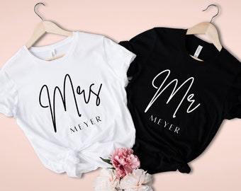 Camiseta personalizada MR MRS con nombre, regalo para novios, bodas, compromisos, lunas de miel, look a juego para parejas, San Valentín.