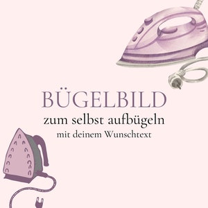 Könnte beinhalten: Eine Aquarell-Illustration von zwei lilafarbenen Bügeleisen mit Kabeln. Der Text "BÜGELBILD zum selbstausbügeln mit deinem Wunschtext" befindet sich unter den Bügeleisen.