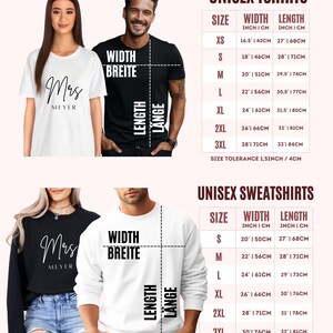 Peut inclure: Deux t-shirts noir et blanc avec le texte "Mrs. Meyer" sur le devant. Un tableau des tailles pour t-shirts et sweats unisexes est pr&eacute;sent&eacute; sous les images. Le tableau indique la largeur et la longueur de chaque taille en pouces et en centim&egrave;tres. La tol&eacute;rance de taille est de 1,5 pouce ou 4 centim&egrave;tres.